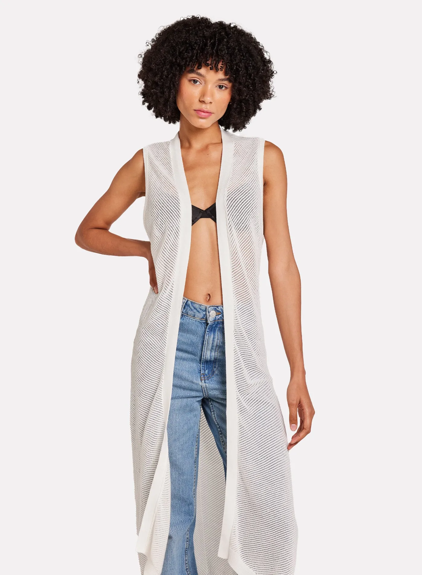 Cotton Longline Open Stitch Sleeveless Cardigan