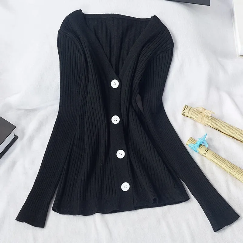 Fall Women Cardigan Sweater Casual Loose V Neck Button Up Long Sleeve Jumper Thin Jacket Korean Fashion Ladies Tops New