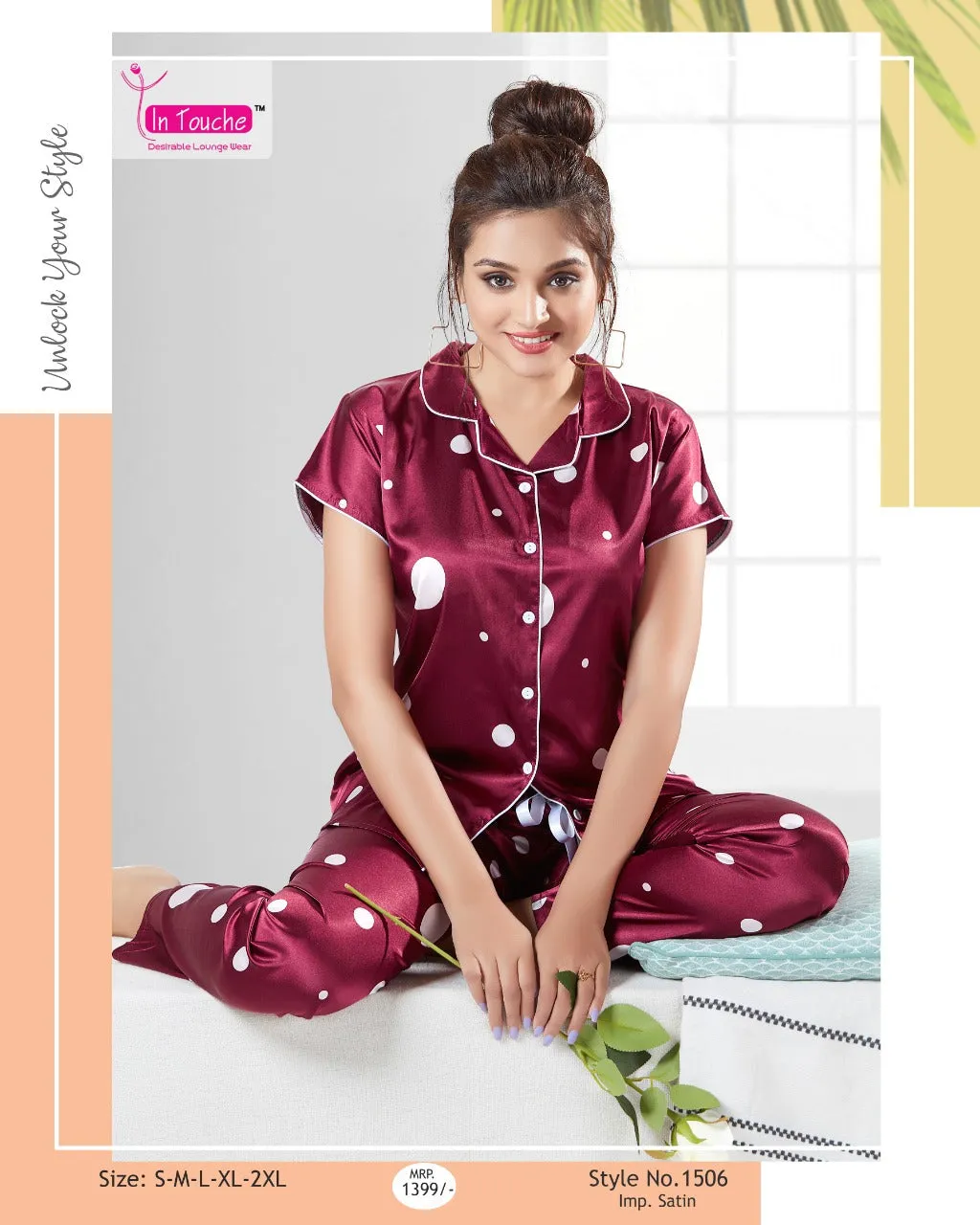 Fancy Maroon Soft Satin Night Suit Set for Women