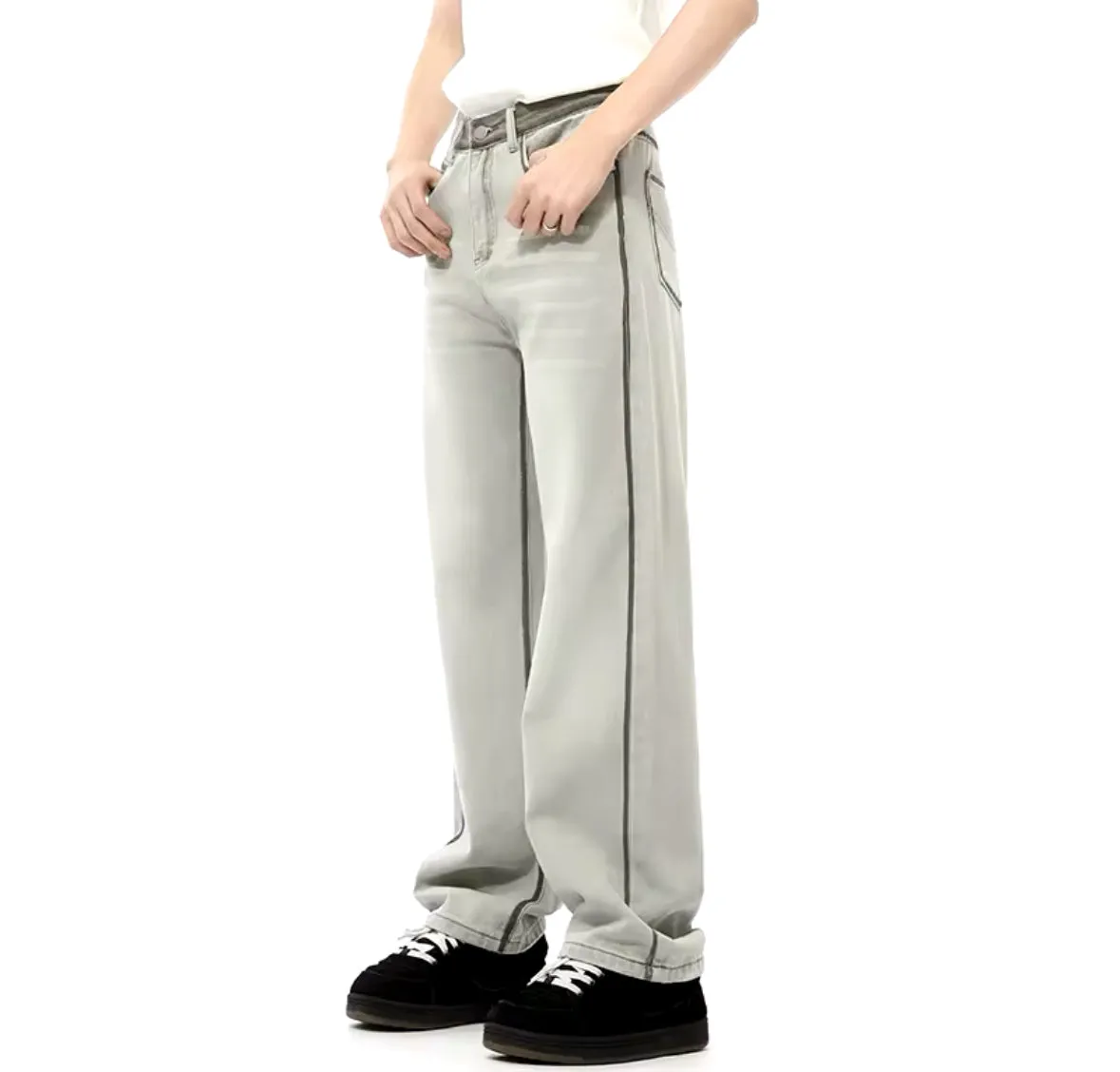 Gray Reverse Stitch Wide Leg Jeans