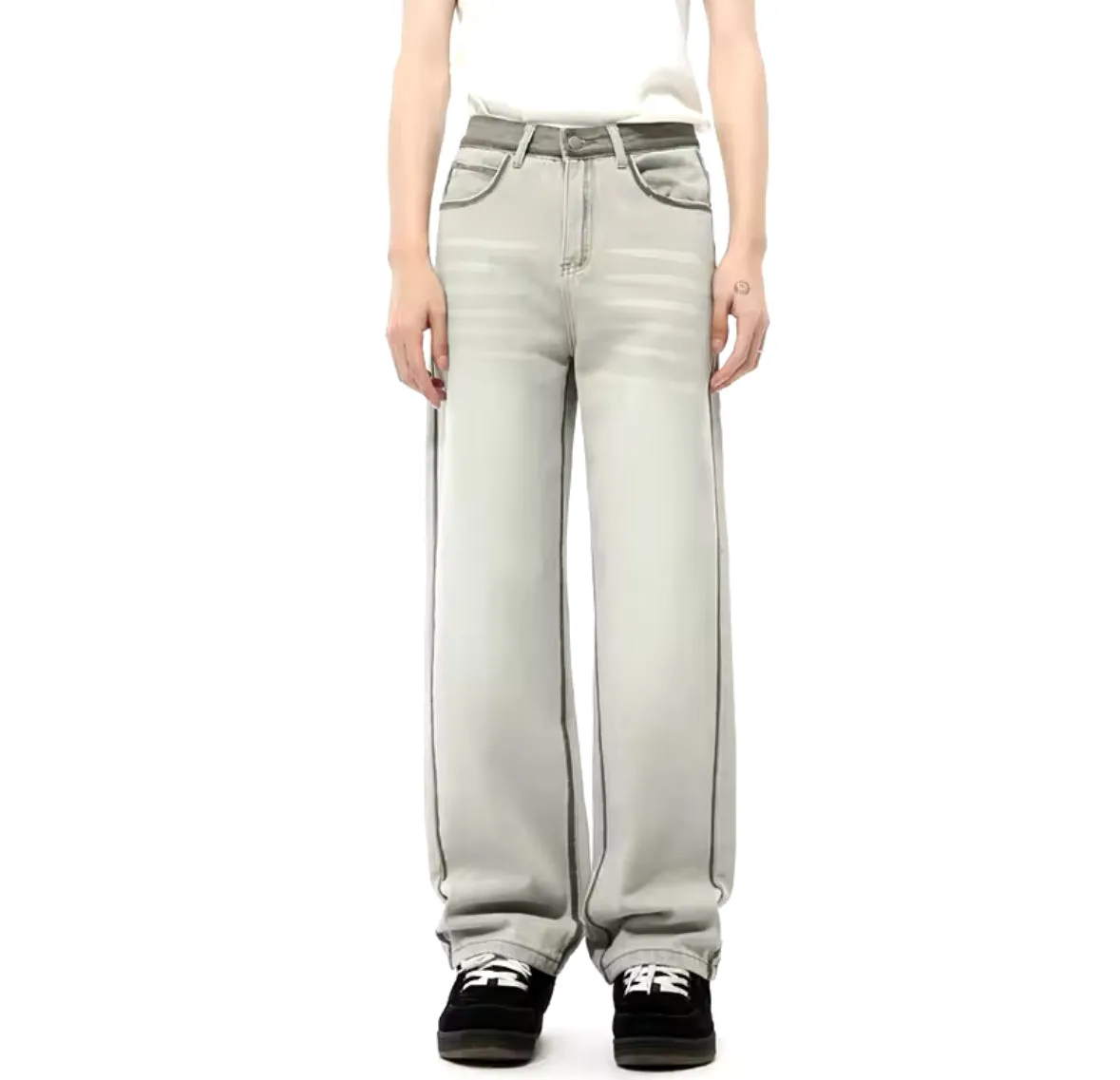 Gray Reverse Stitch Wide Leg Jeans