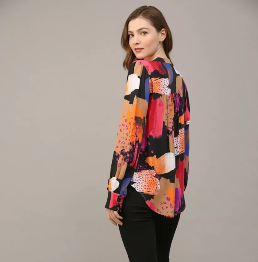 Livvy Abstract Print Satin Button Down Shirt