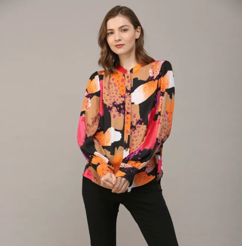 Livvy Abstract Print Satin Button Down Shirt