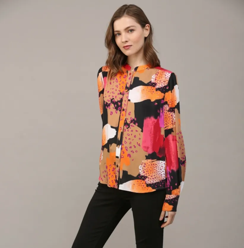 Livvy Abstract Print Satin Button Down Shirt
