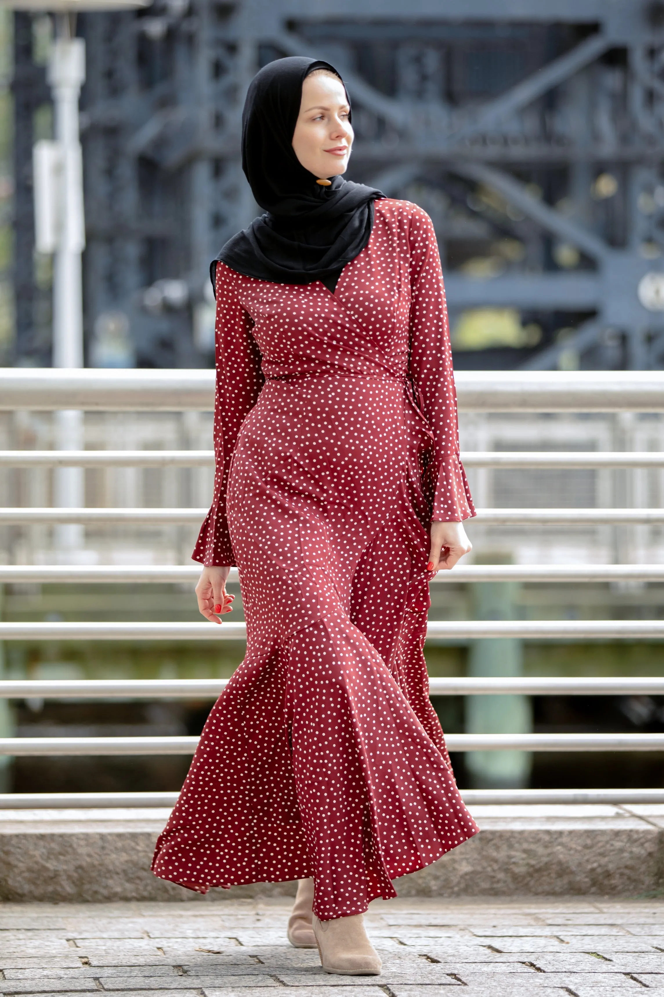 Maroon Dots Ruffle Wrap Maxi Dress-CLEARANCE