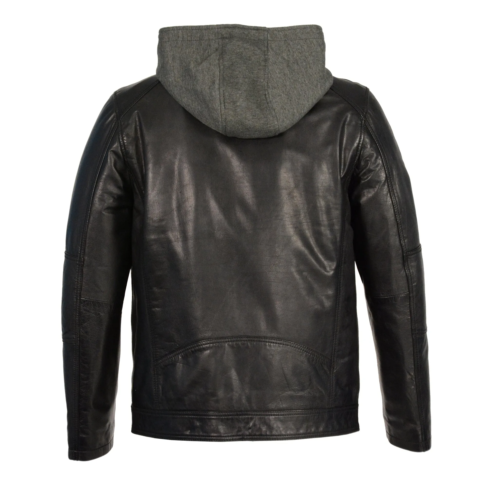 Men's Snap Collar Leather Moto Jacket w/ Removable Hood