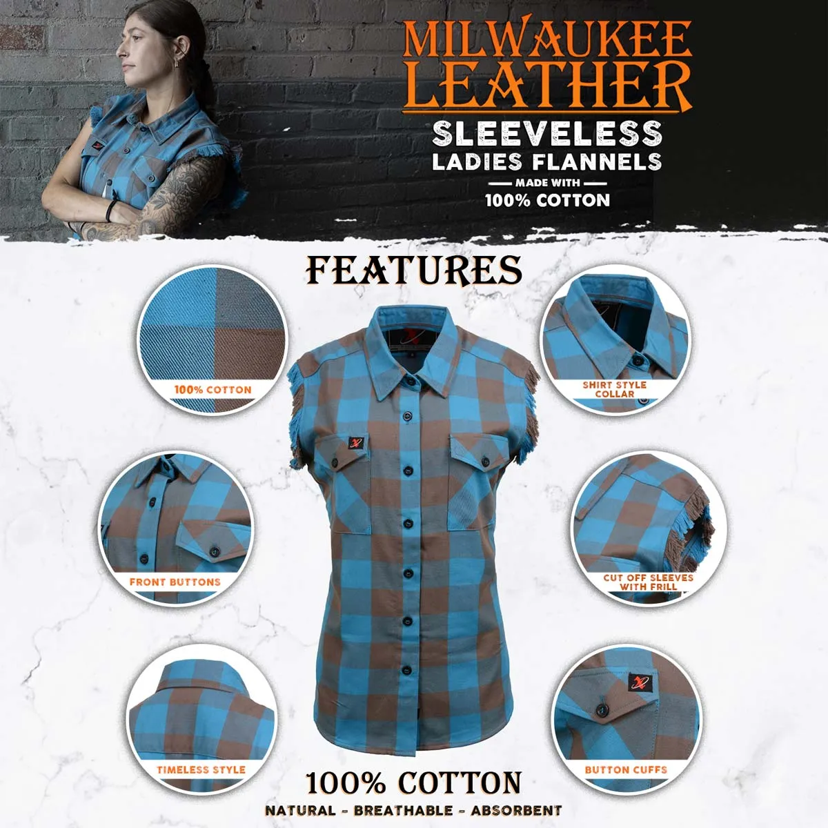 Milwaukee Leather MNG21623 Women's Flannel Brown/Aqua Button Down