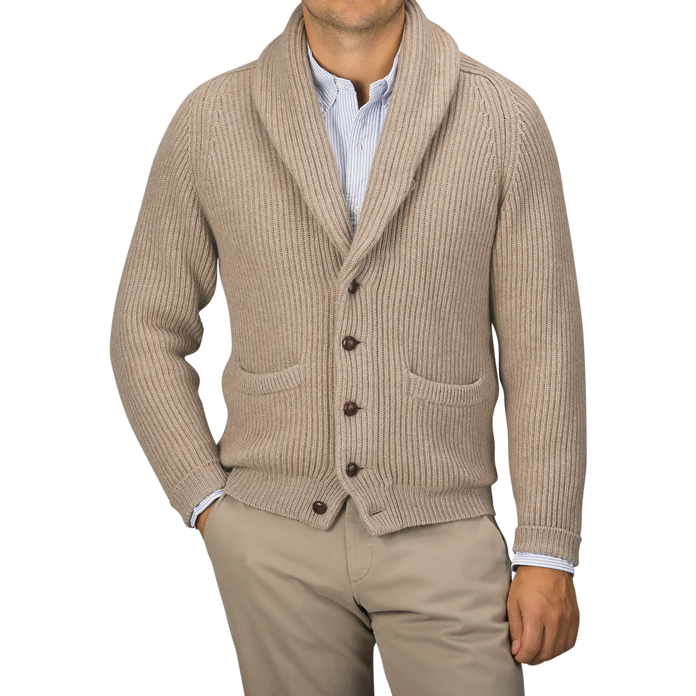 Natural Beige Cashmere Shawl Collar Cardigan