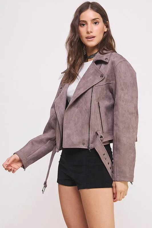 Plus Belted Long Sleee Zippered Suede Moto Jacket