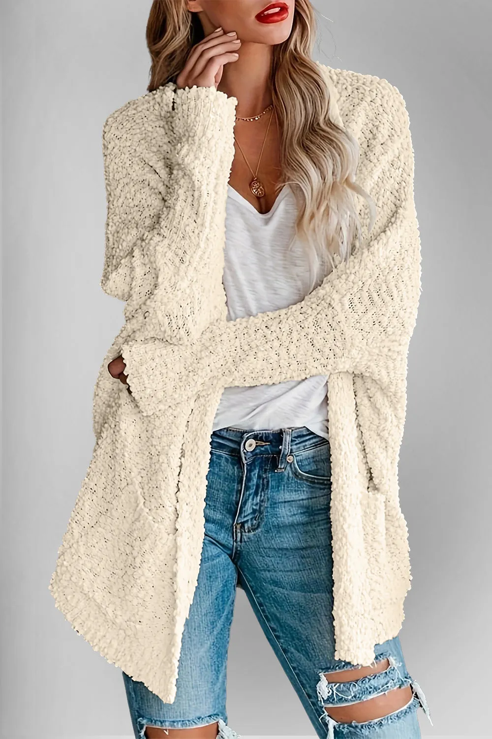 Pocketed Open Front Long Sleeve Cardigan
