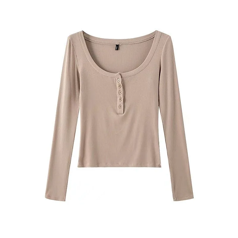 sexy Spring Scoop Solid Color Elastic Half-Open Buckle Tight Long-Sleeved T-shirt Bottoming Shirt