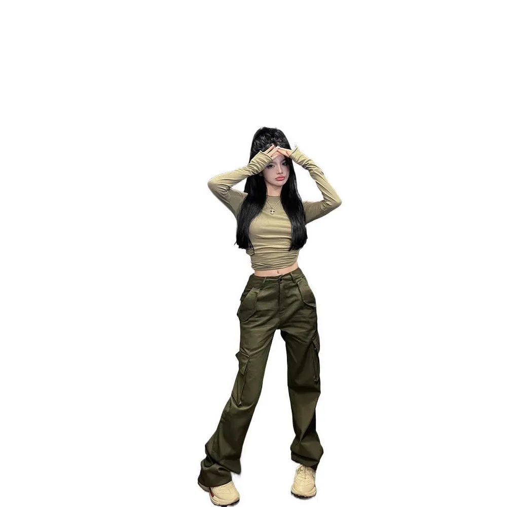 Toleet casual fall outfits 2024 Hot Girl New Army Green Simple Slim Bottoming T-shirt High Waist Casual Pocket Overalls for Women