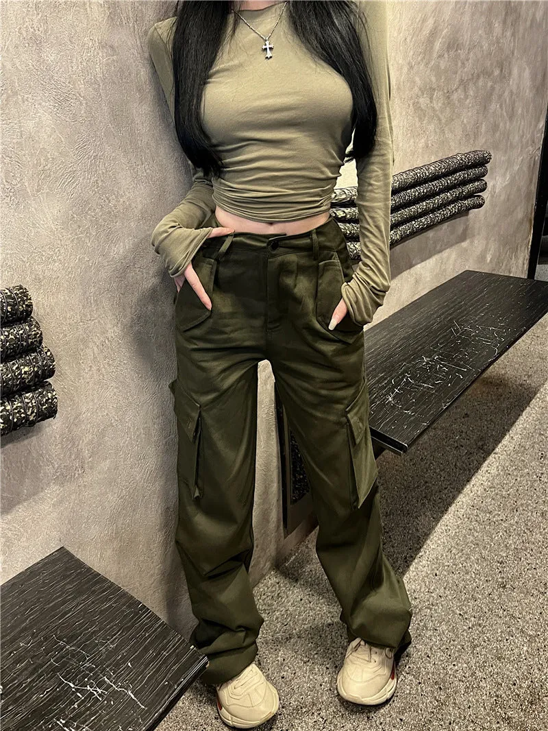 Toleet casual fall outfits 2024 Hot Girl New Army Green Simple Slim Bottoming T-shirt High Waist Casual Pocket Overalls for Women