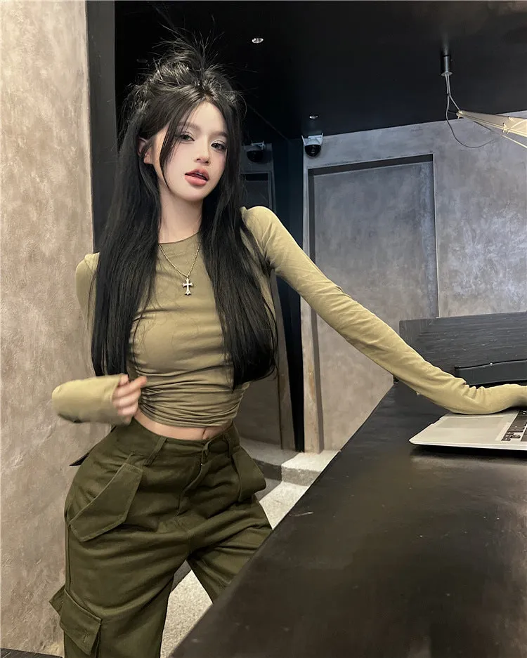 Toleet casual fall outfits 2024 Hot Girl New Army Green Simple Slim Bottoming T-shirt High Waist Casual Pocket Overalls for Women