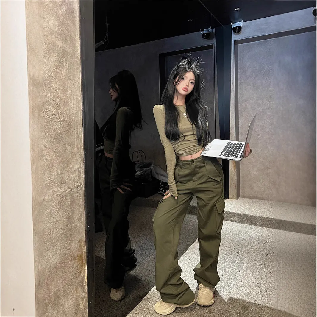 Toleet casual fall outfits 2024 Hot Girl New Army Green Simple Slim Bottoming T-shirt High Waist Casual Pocket Overalls for Women
