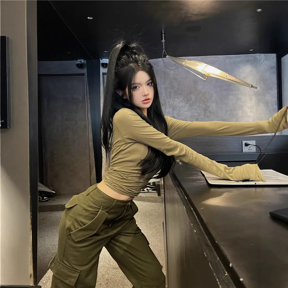Toleet casual fall outfits 2024 Hot Girl New Army Green Simple Slim Bottoming T-shirt High Waist Casual Pocket Overalls for Women