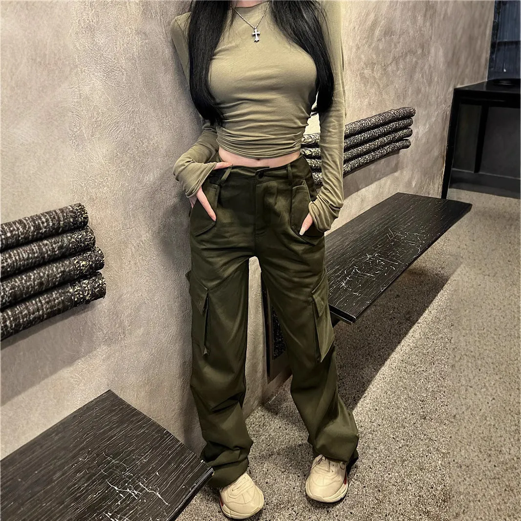 Toleet casual fall outfits 2024 Hot Girl New Army Green Simple Slim Bottoming T-shirt High Waist Casual Pocket Overalls for Women