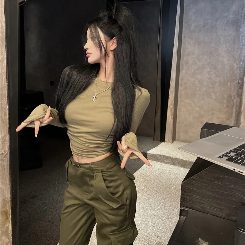 Toleet casual fall outfits 2024 Hot Girl New Army Green Simple Slim Bottoming T-shirt High Waist Casual Pocket Overalls for Women
