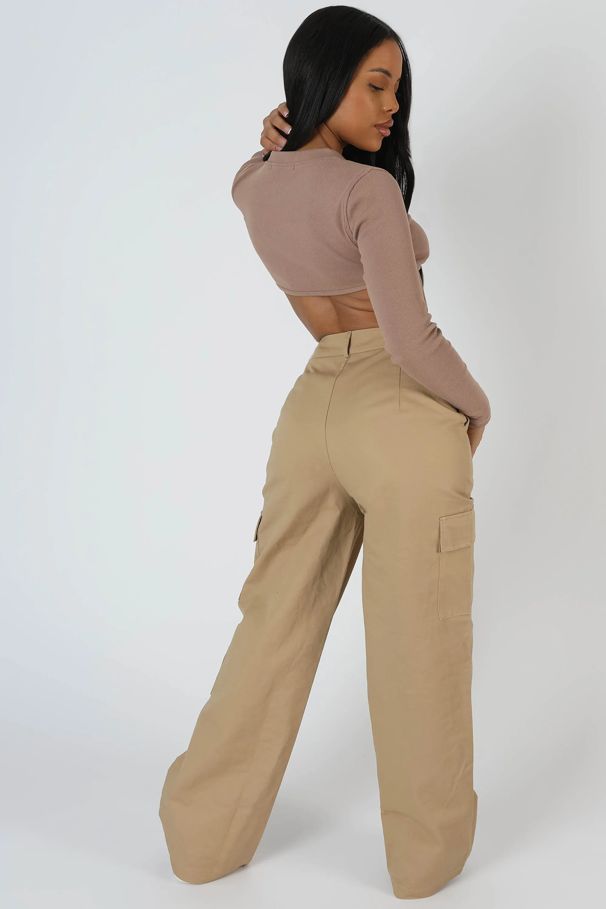 Wide Leg Pocket Detail Cargo Trouser Sand