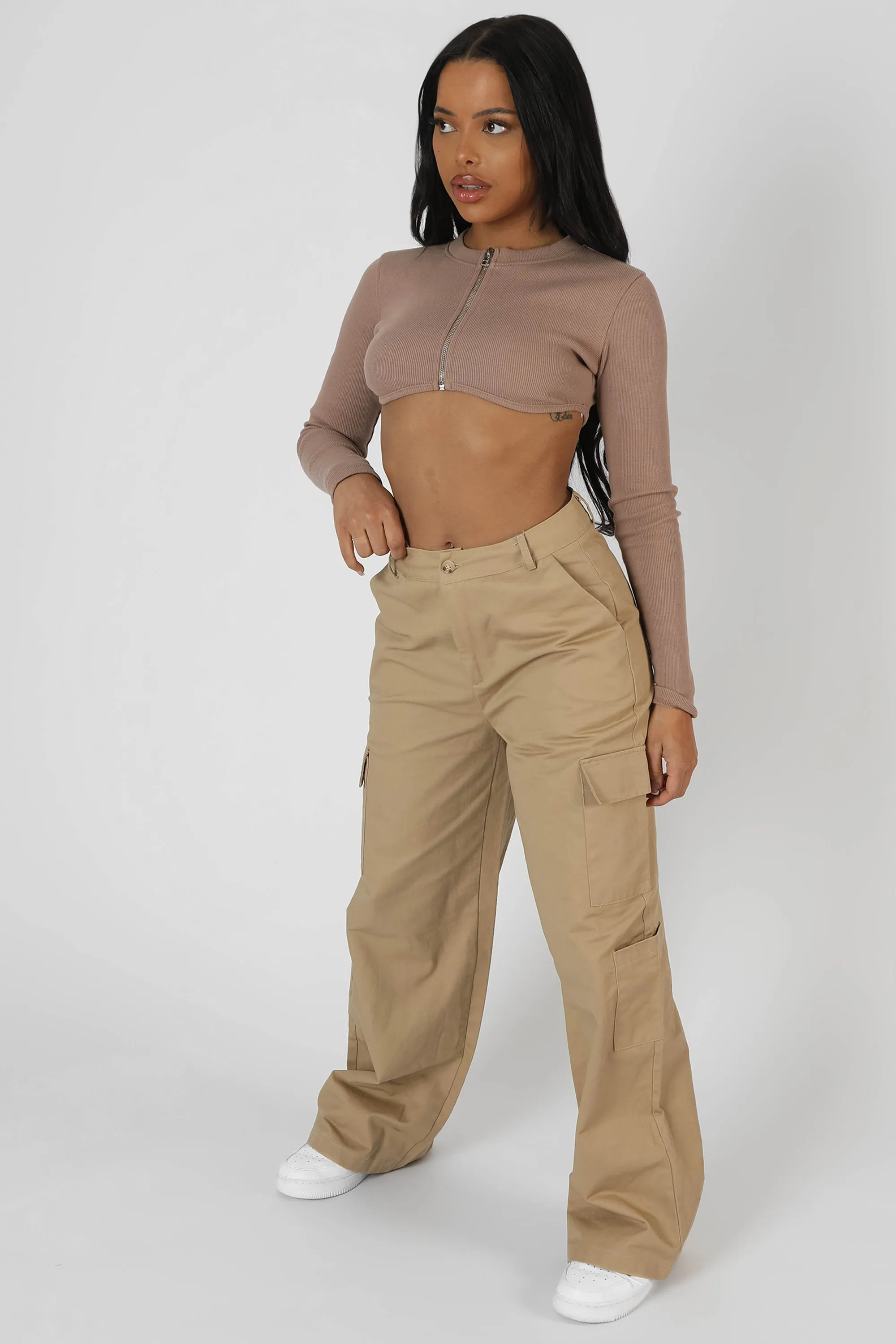Wide Leg Pocket Detail Cargo Trouser Sand