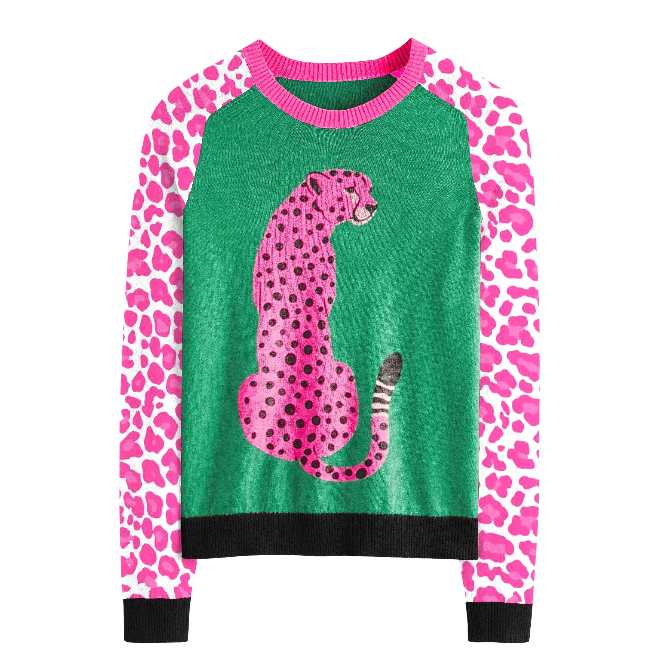 Women's pink leopard cat vintage striped knitwear
